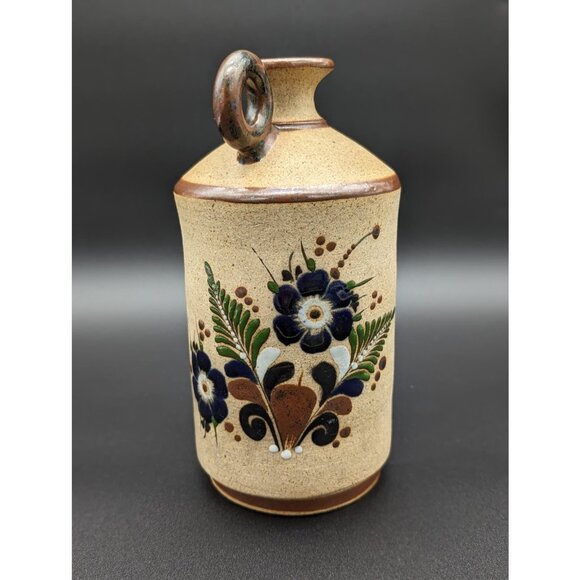 1970's Mexican Tonalá Hand Painted Stoneware Candle Holder Fern Blue Signed - Picture 1 of 8